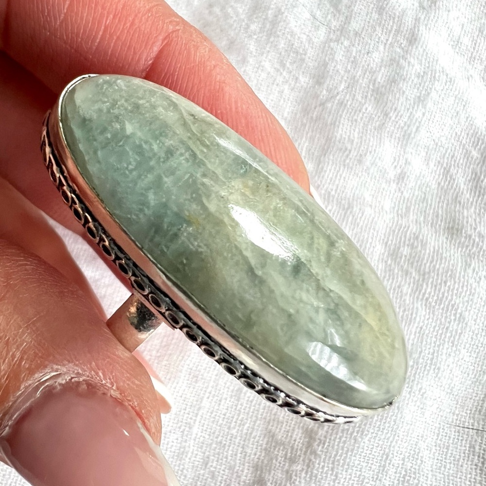 925 Massive Aquamarine Long Oval Ring 6 - Picture 6 of 10